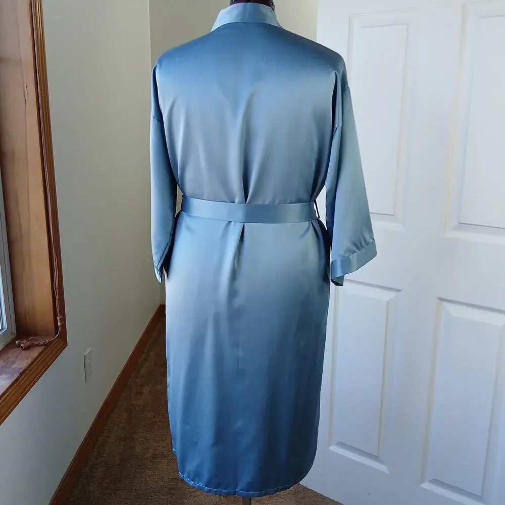 Blue Satin Lightweight Robe Men's Small shiny midi maxi kimono quiet luxury - Picture 3 of 16
